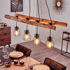 Gondo Pendelleuchte Holz Hell, Schwarz, 4-flammig