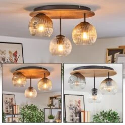 Ripoll Deckenleuchte Glas 15cm Braun, Holzoptik, Schwarz, 3-flammig