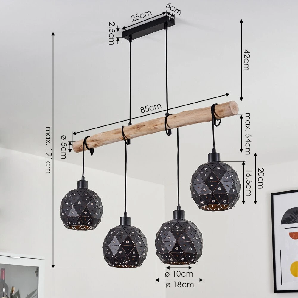 Sunasau Pendelleuchte Holz Dunkel, Schwarz, 4-flammig 6 Sunasau Pendelleuchte Holz Dunkel, Schwarz, 4-flammig – Bild 4